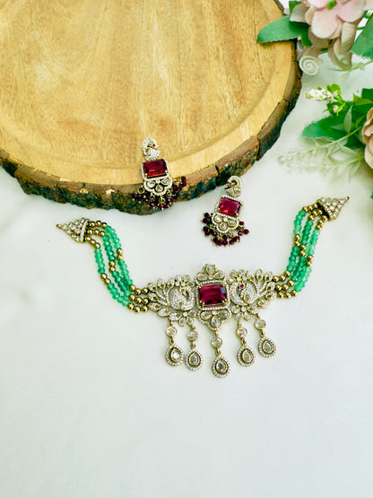Ruby Green Mehandi Finish Necklace Set