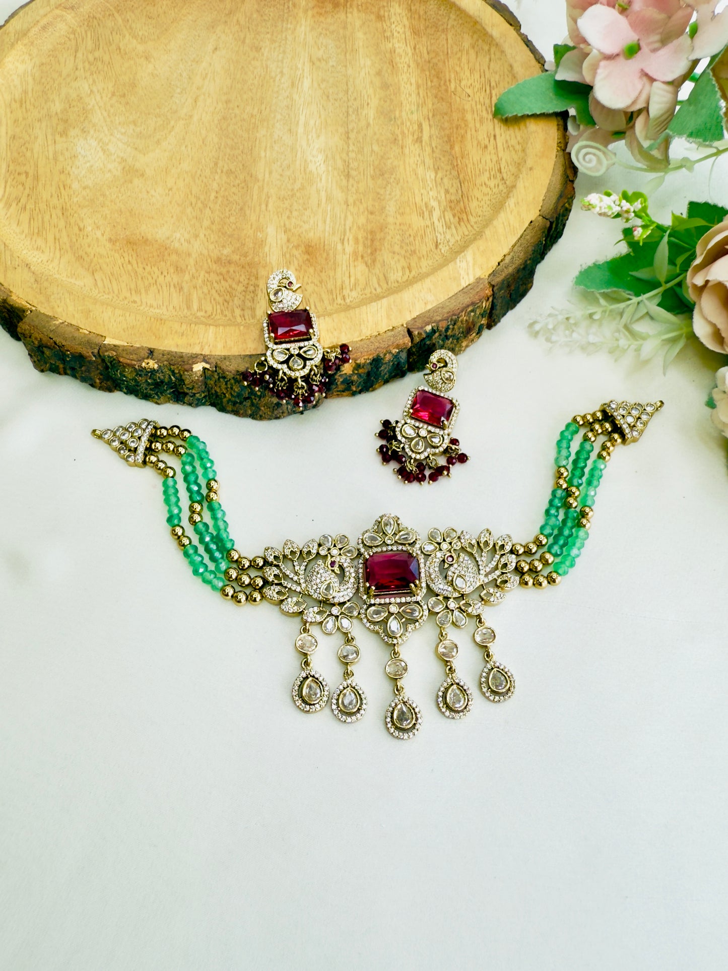 Ruby Green Mehandi Finish Necklace Set