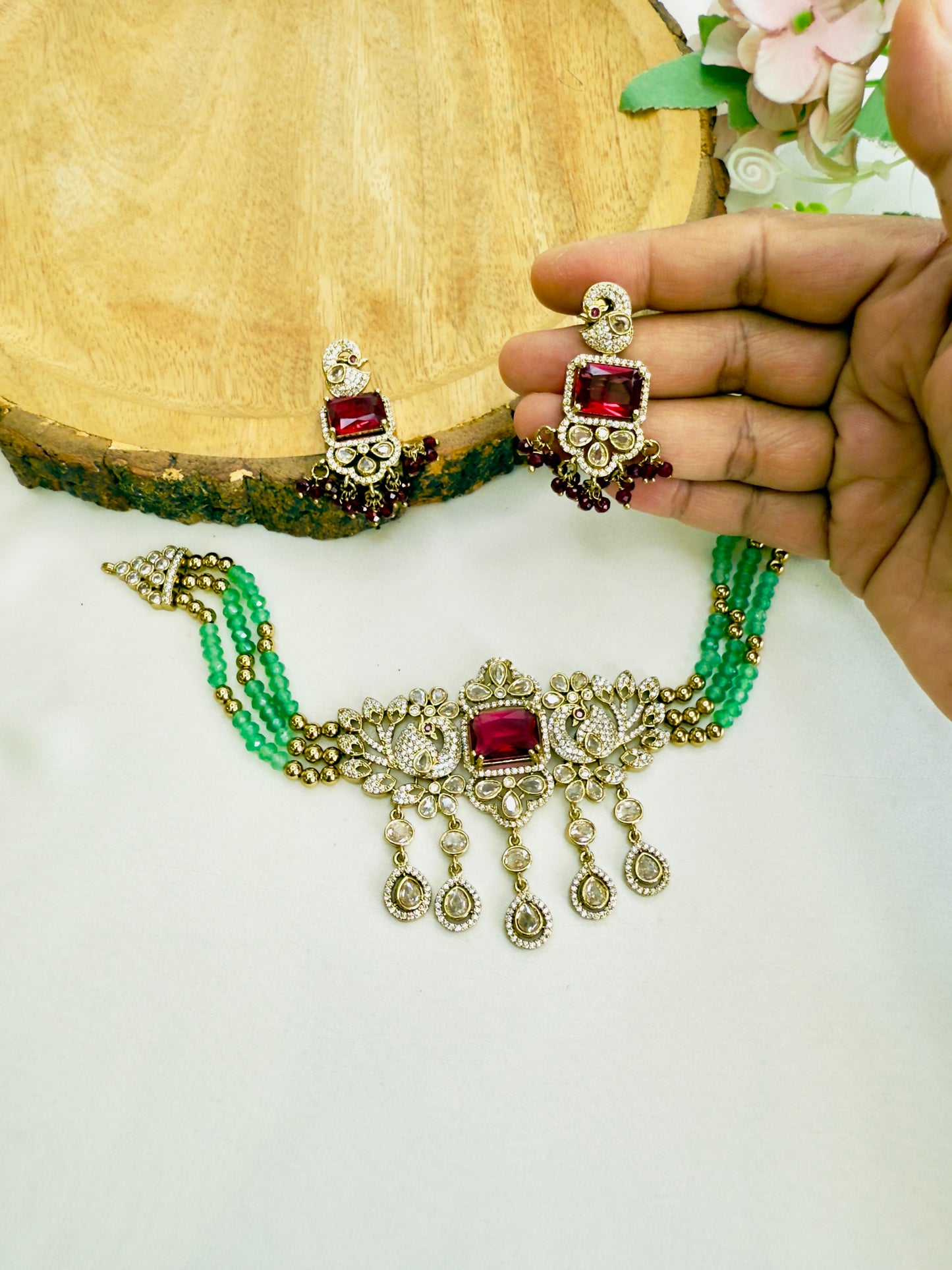 Ruby Green Mehandi Finish Necklace Set