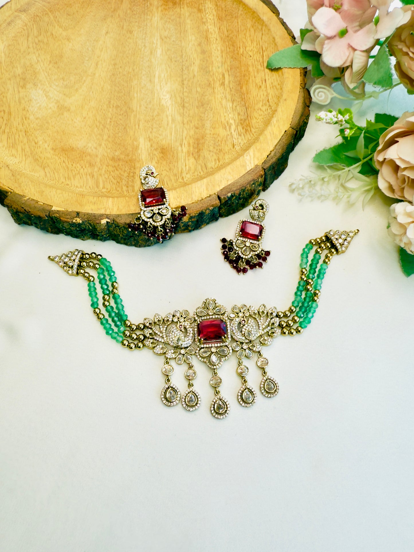 Ruby Green Mehandi Finish Necklace Set