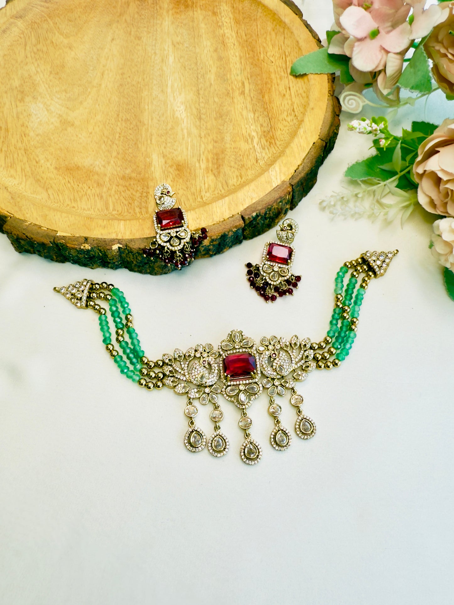 Ruby Green Mehandi Finish Necklace Set