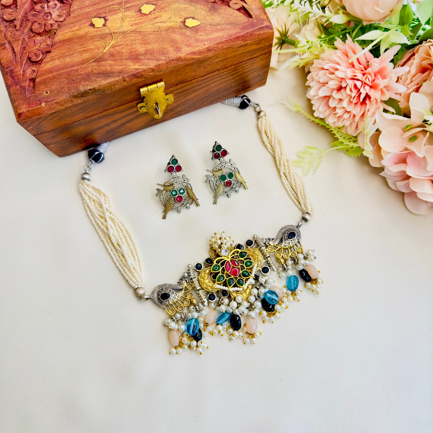 Multicolor Pachi Kundan Necklace Set