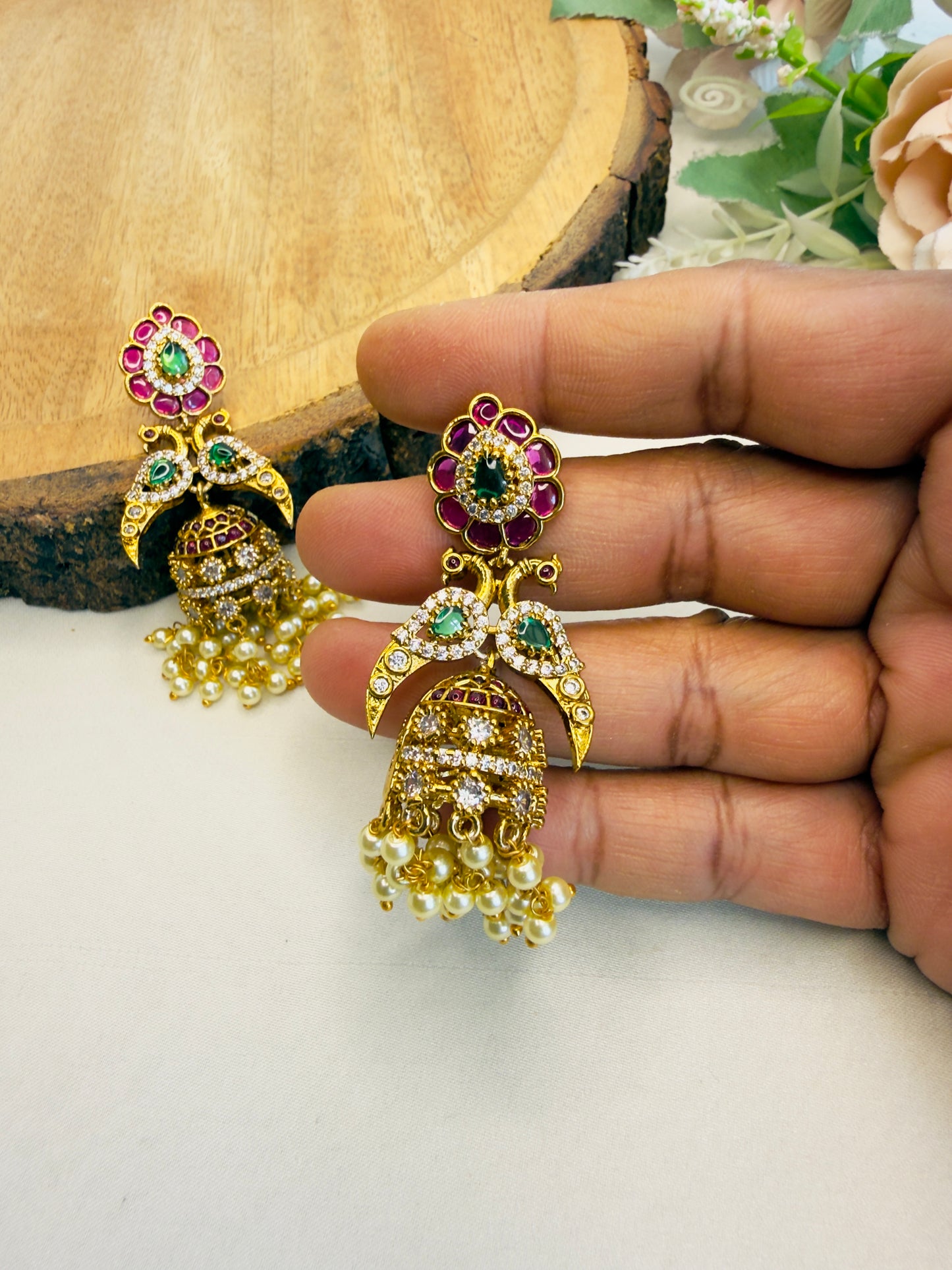 Peacock AD Jhumka Earrings