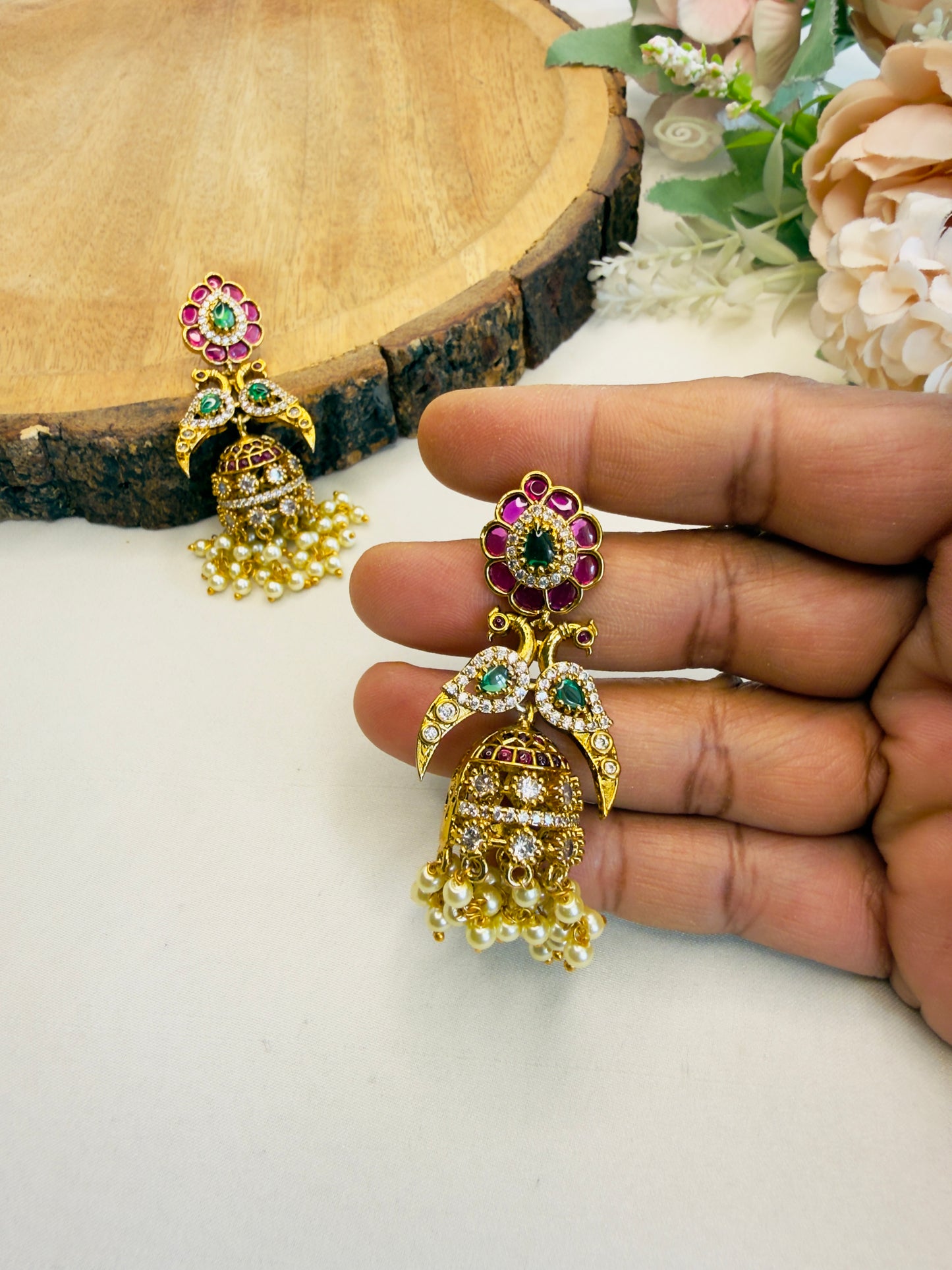 Peacock AD Jhumka Earrings