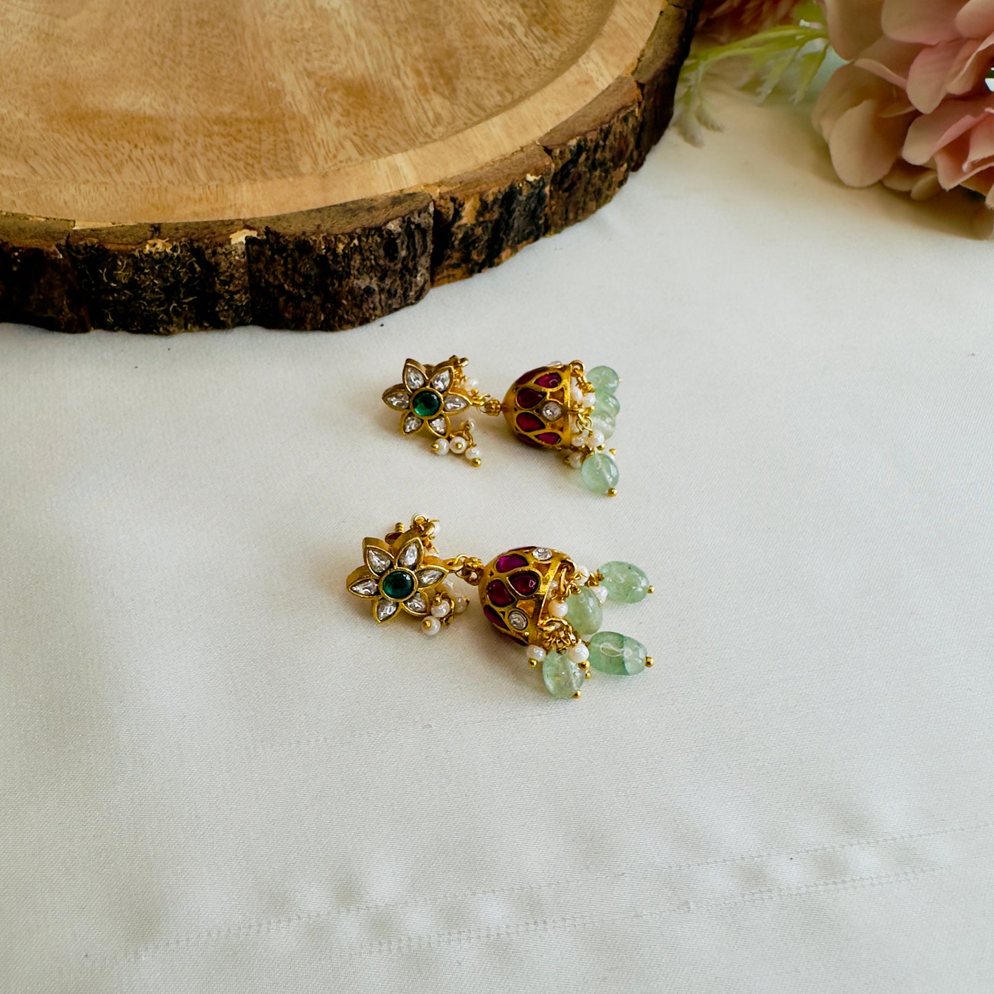 Flower Design Jadau Jhumki Earrings