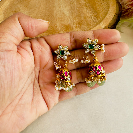 Flower Design Jadau Jhumki Earrings