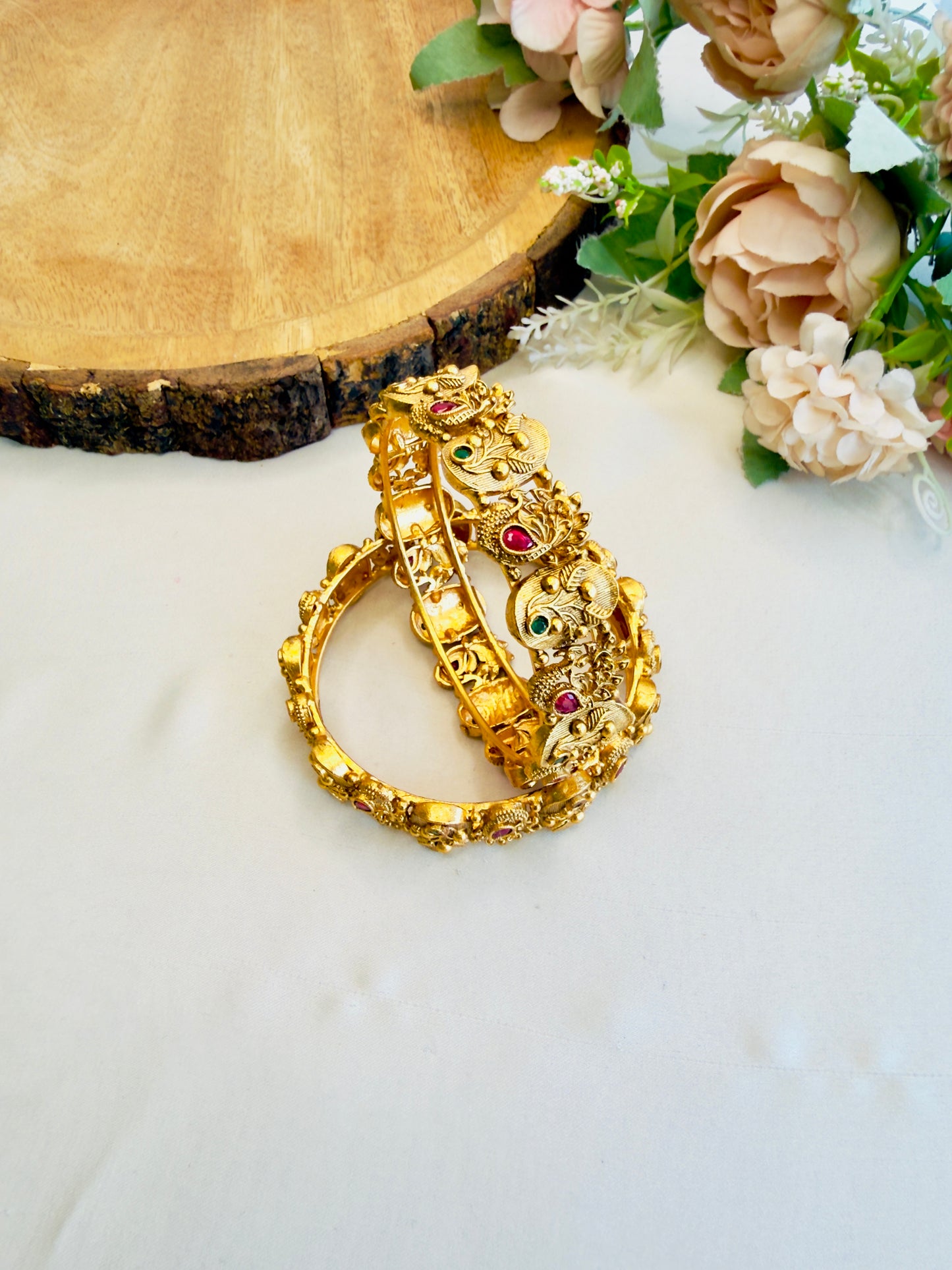 Peacock Motif Temple Finish Bangles