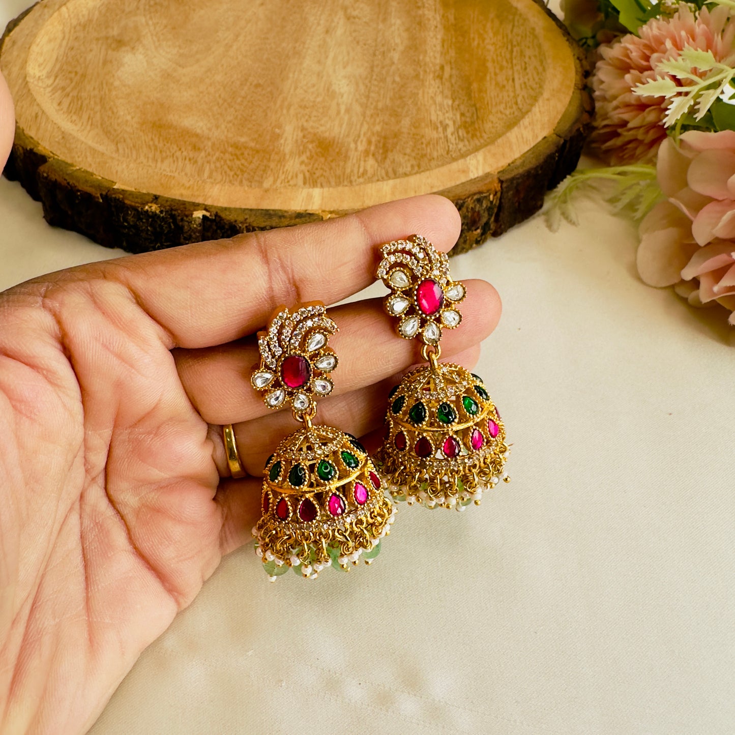 Ruby Green Jadau Jhumki Earrings