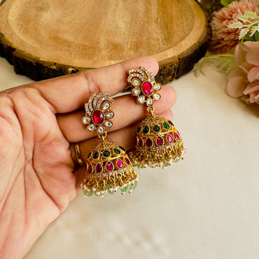 Ruby Green Jadau Jhumki Earrings