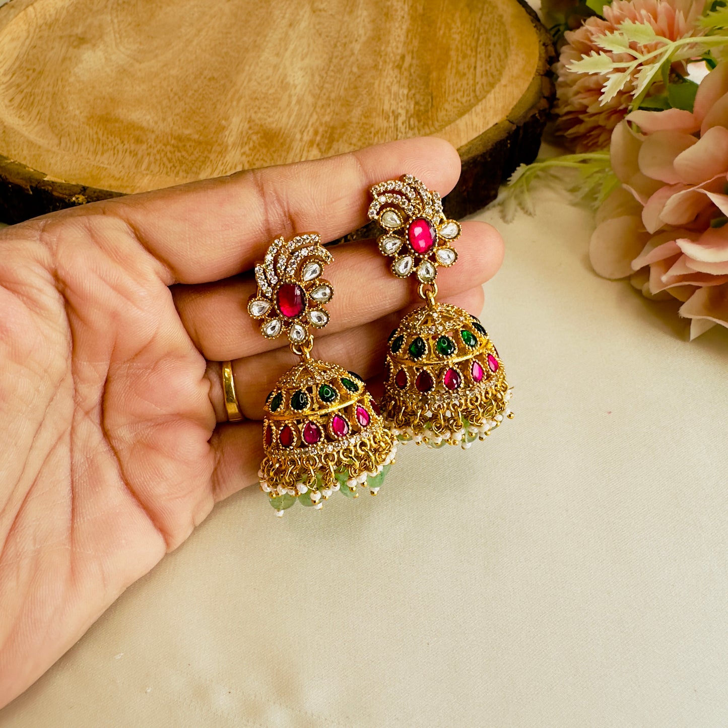 Ruby Green Jadau Jhumki Earrings