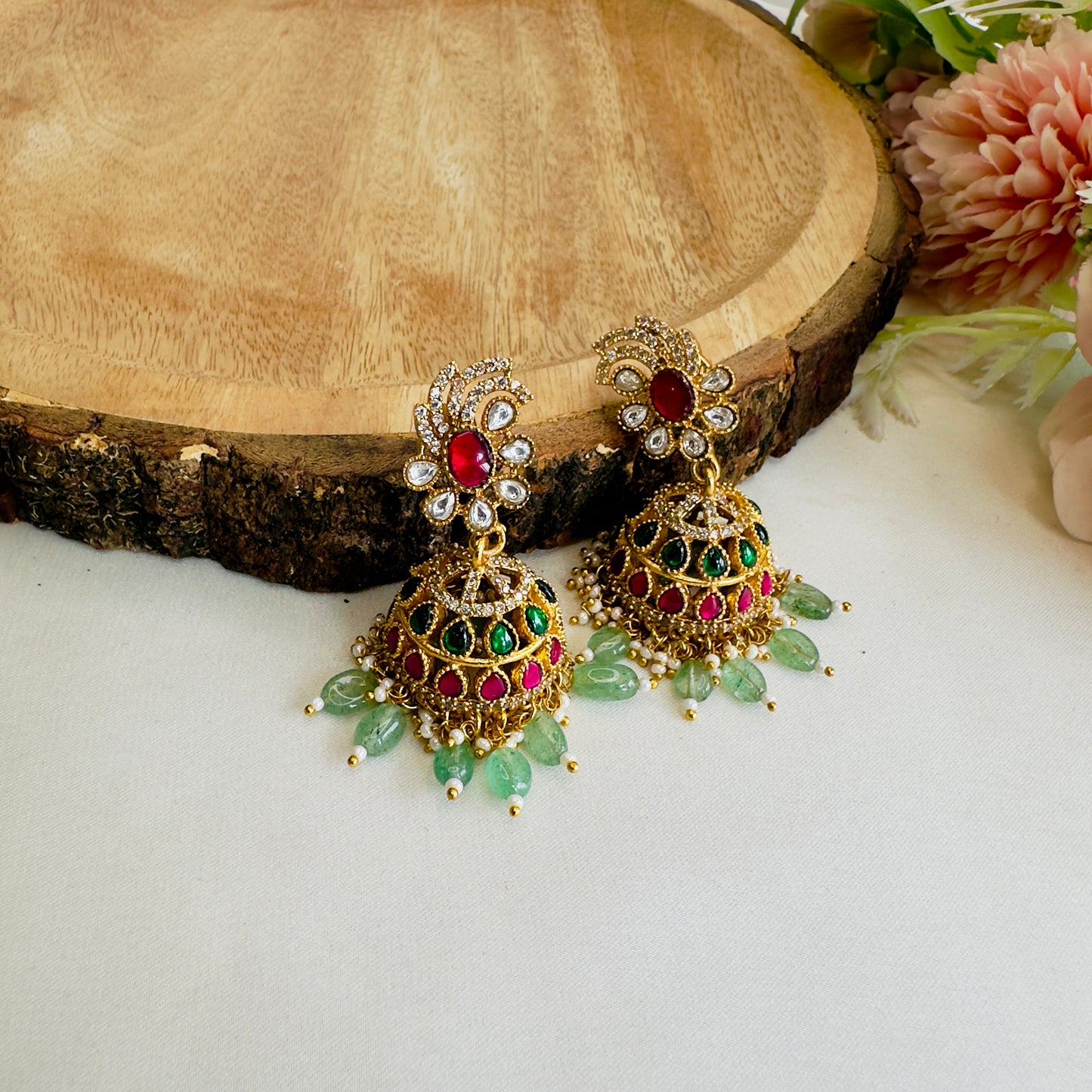 Ruby Green Jadau Jhumki Earrings