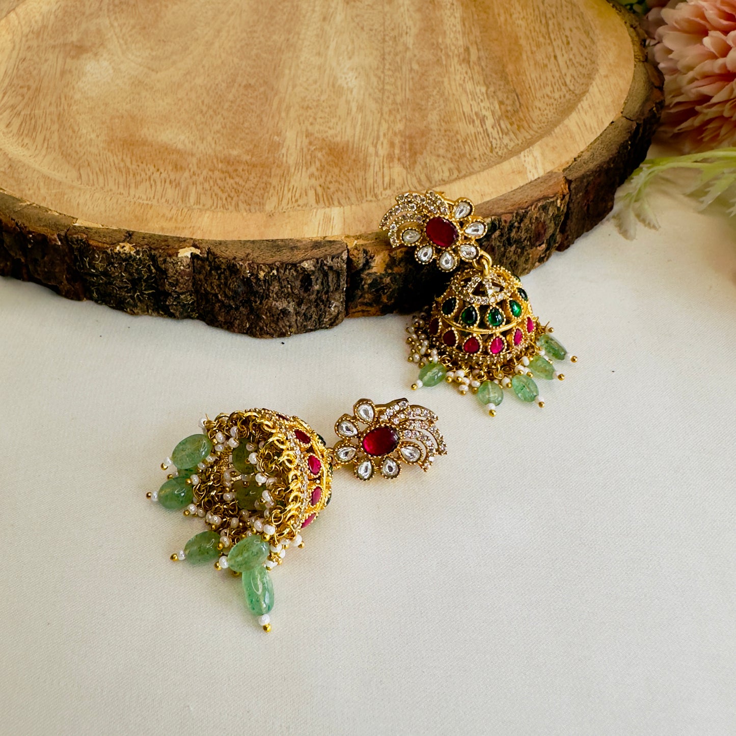 Ruby Green Jadau Jhumki Earrings