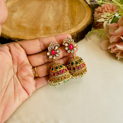 Ruby Green Jadau Jhumki Earrings