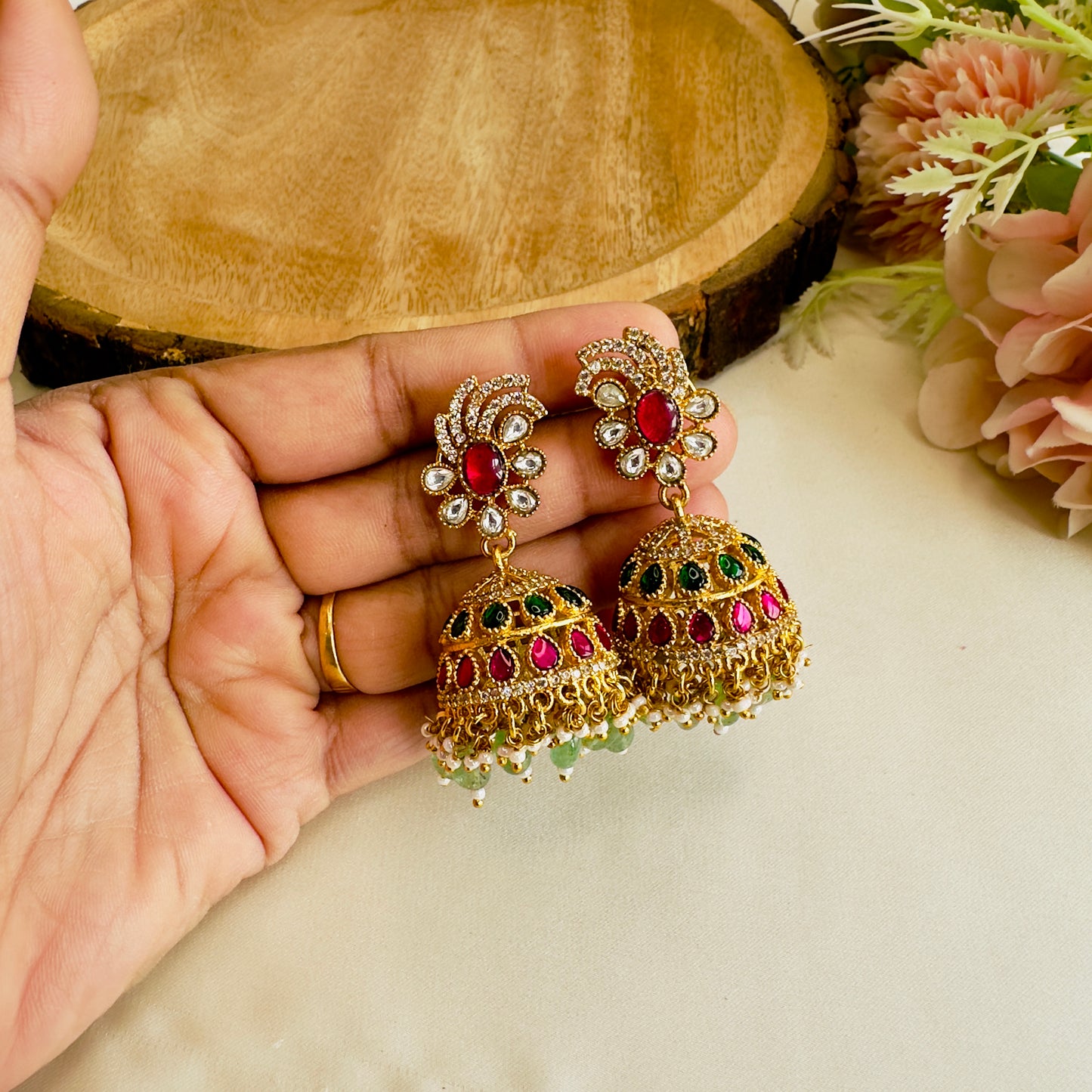 Ruby Green Jadau Jhumki Earrings