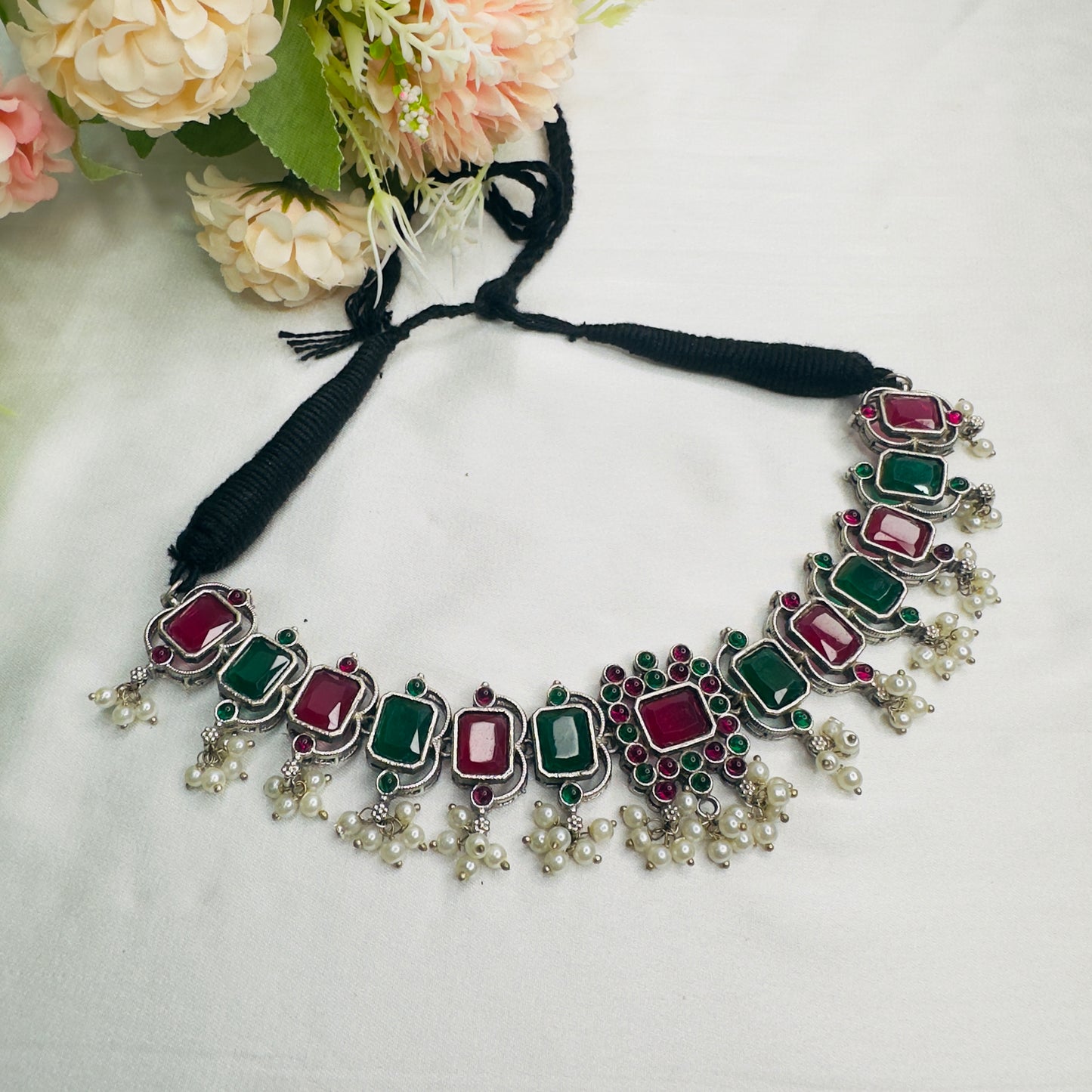 Ruby Green Silver Replica Necklace