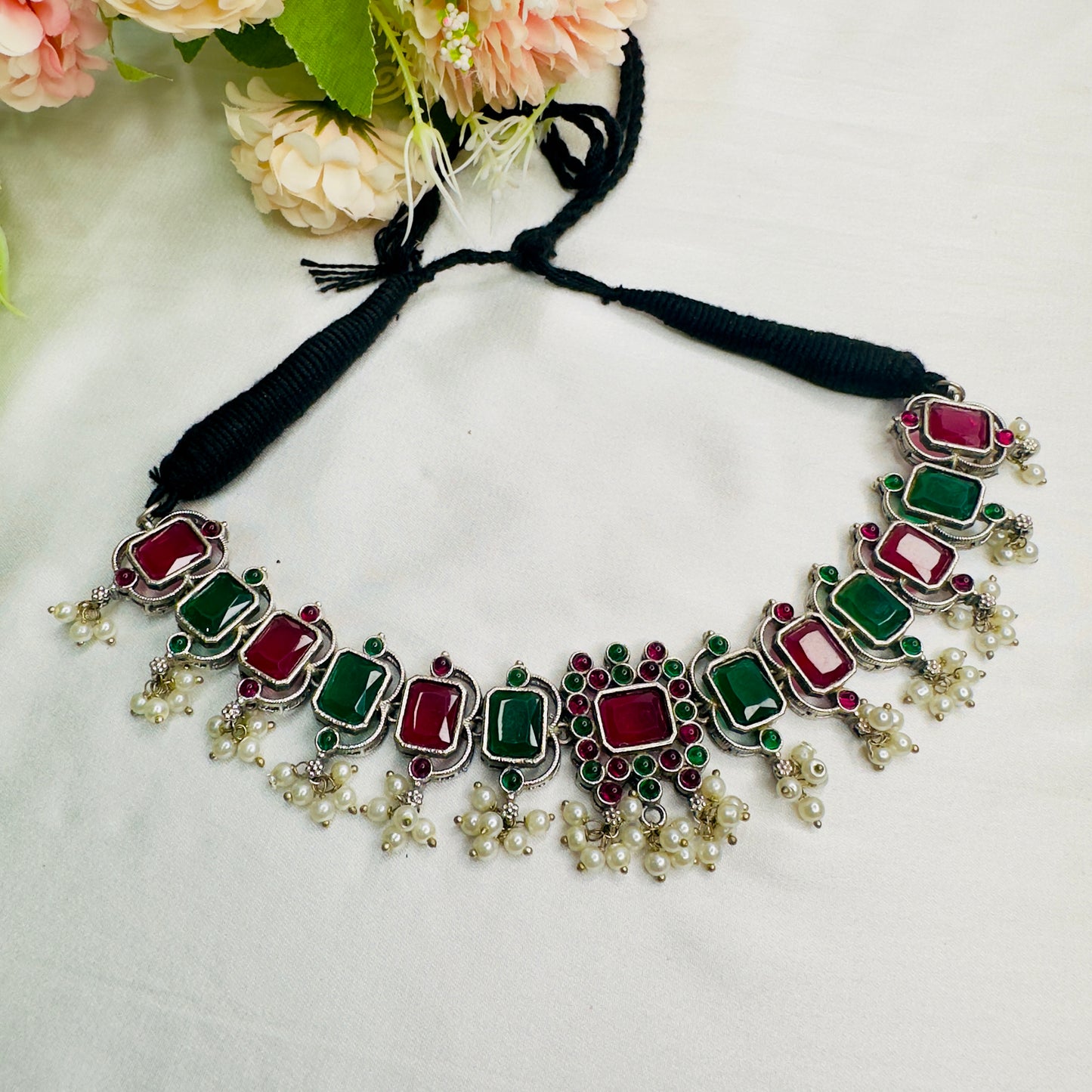 Ruby Green Silver Replica Necklace