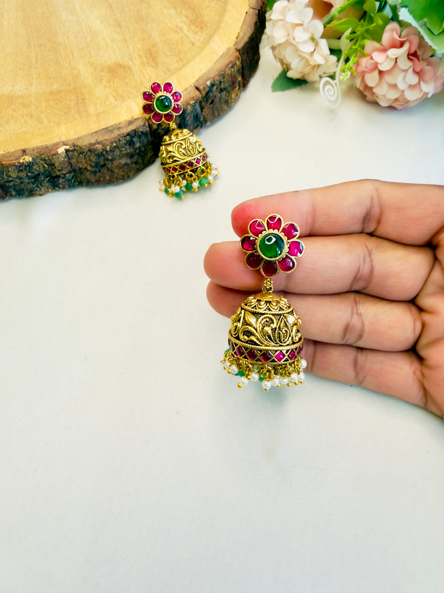 Flower Jadau Jhumki Earrings