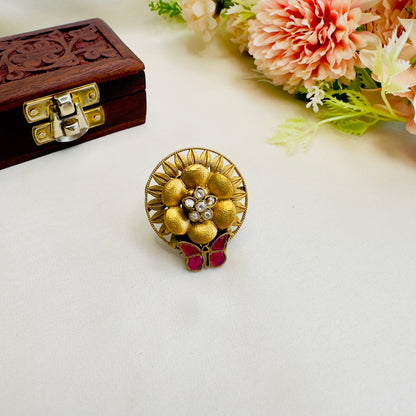 Apala Polish Flower Butterfly Pachi Kundan Ring