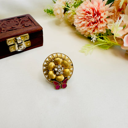 Apala Polish Flower Butterfly Pachi Kundan Ring