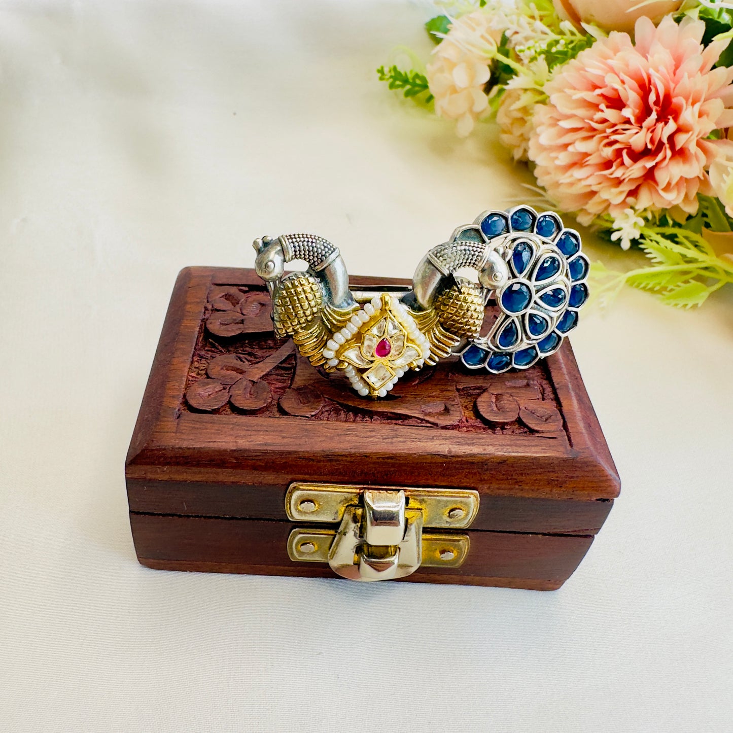 Peacock Pachi Kundan Ring