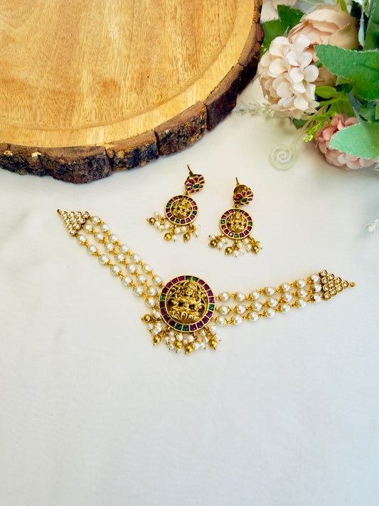 Laxmi Ji Motif Pearl Choker Set