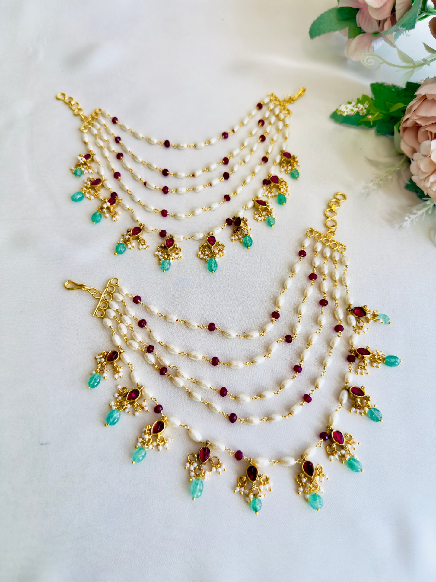 Rice Pearl Pink Jadau Ear chains