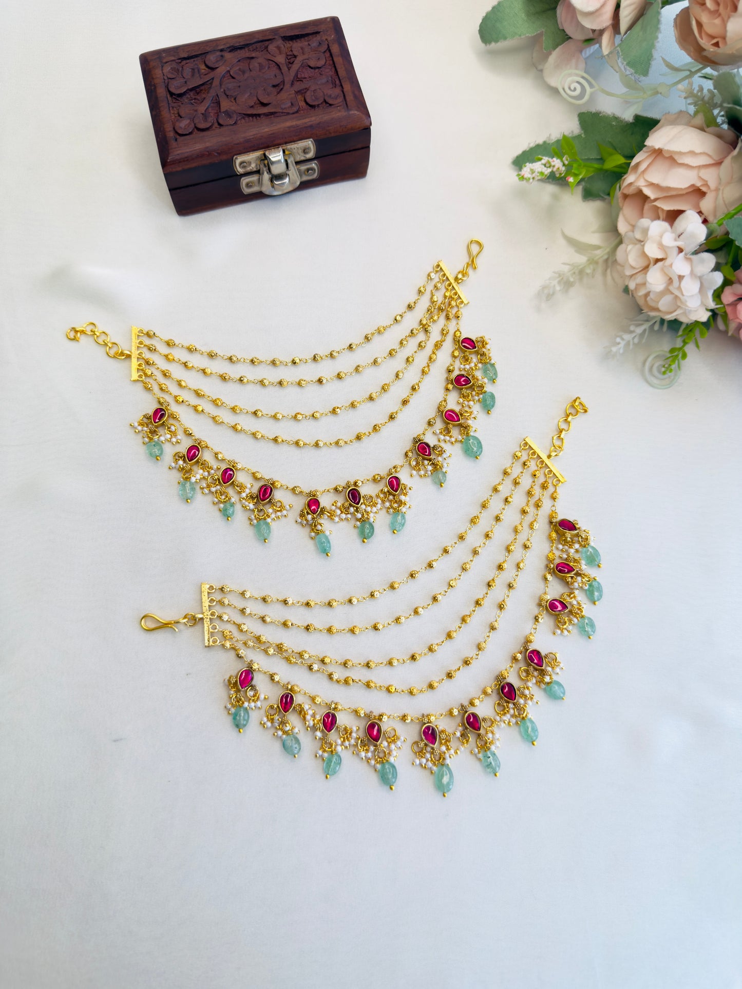 Jadau Ear chain with Golden Balls chain