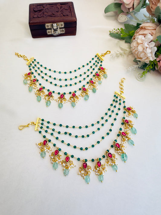 Green Beads Jadau Ear chain