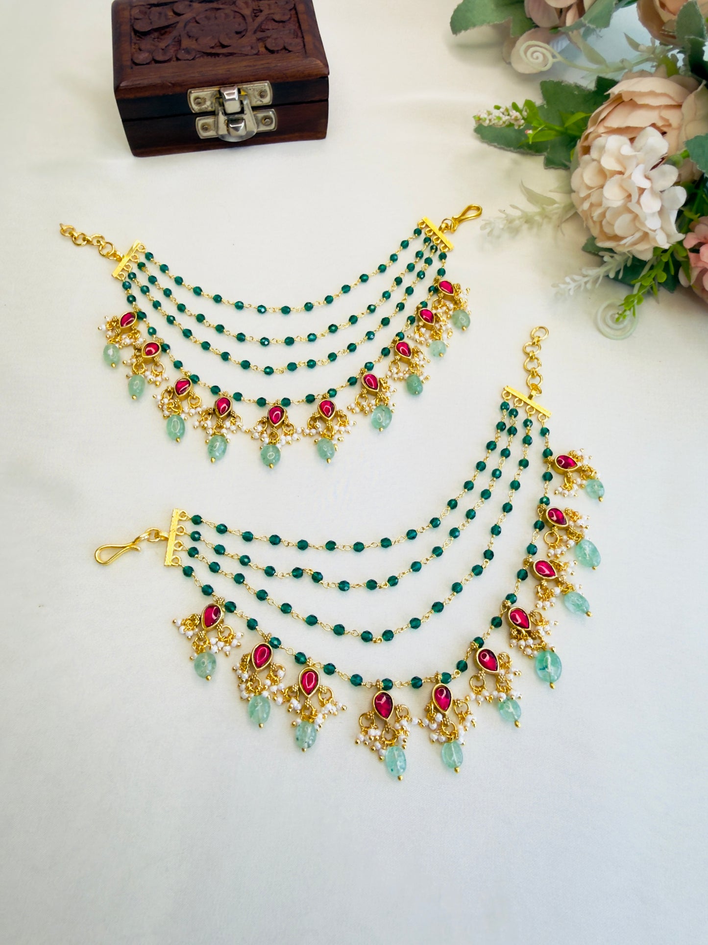 Green Beads Jadau Ear chain