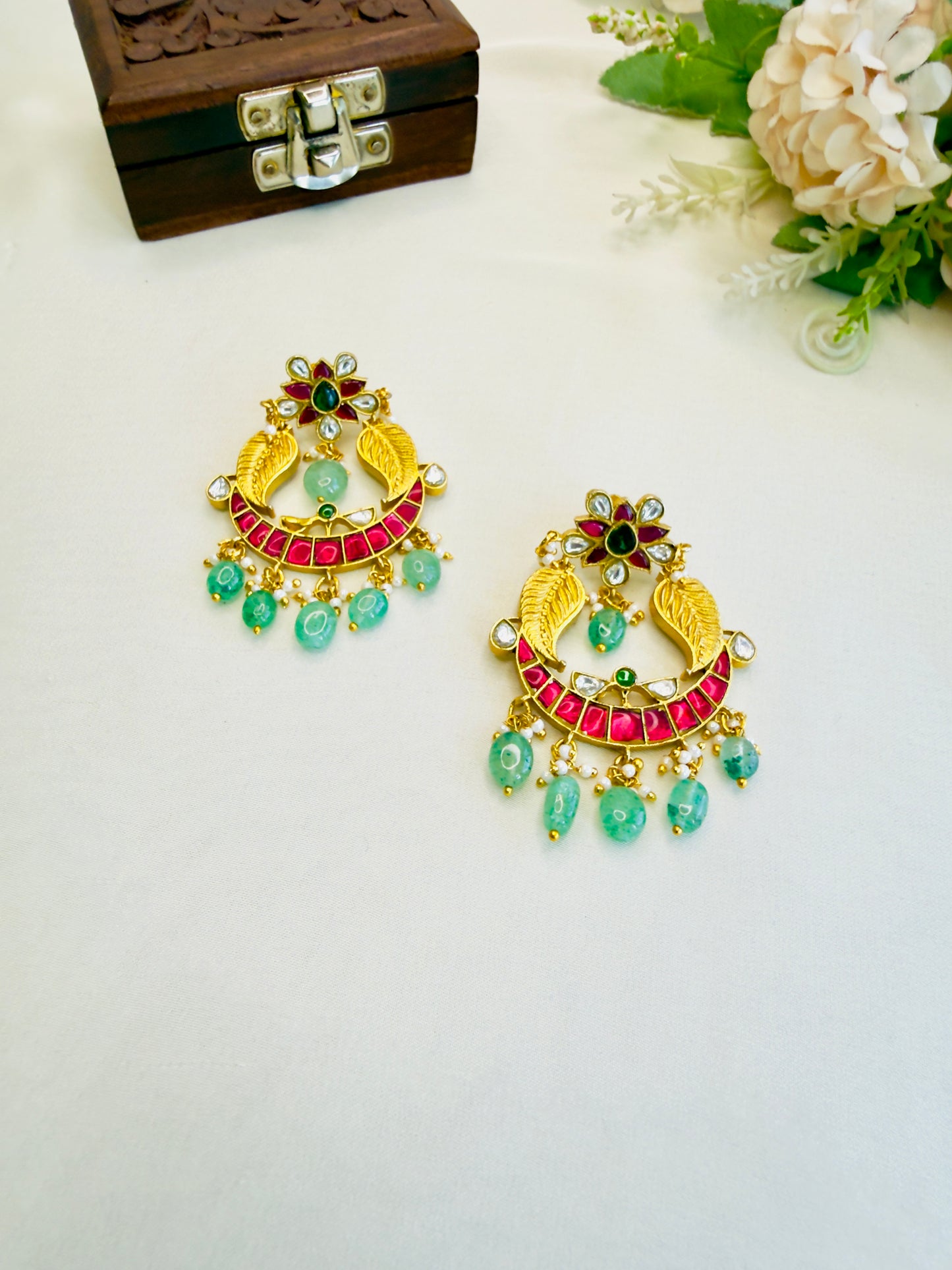Leaf Motif Jadau Earrings