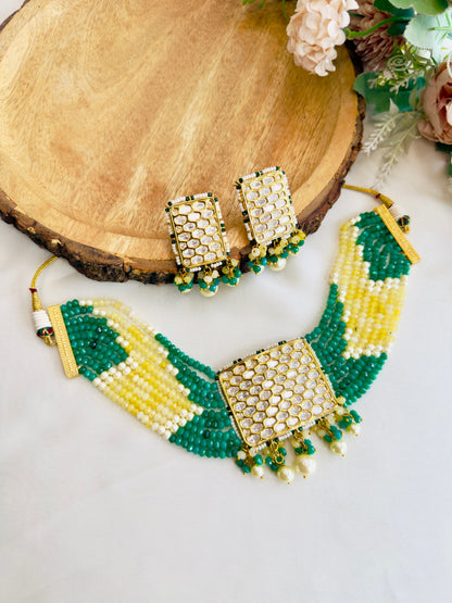 Green, Yellow Kundan Necklace Set