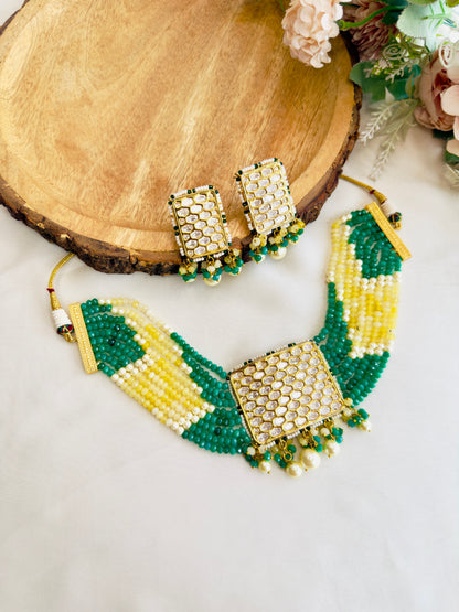 Green, Yellow Kundan Necklace Set