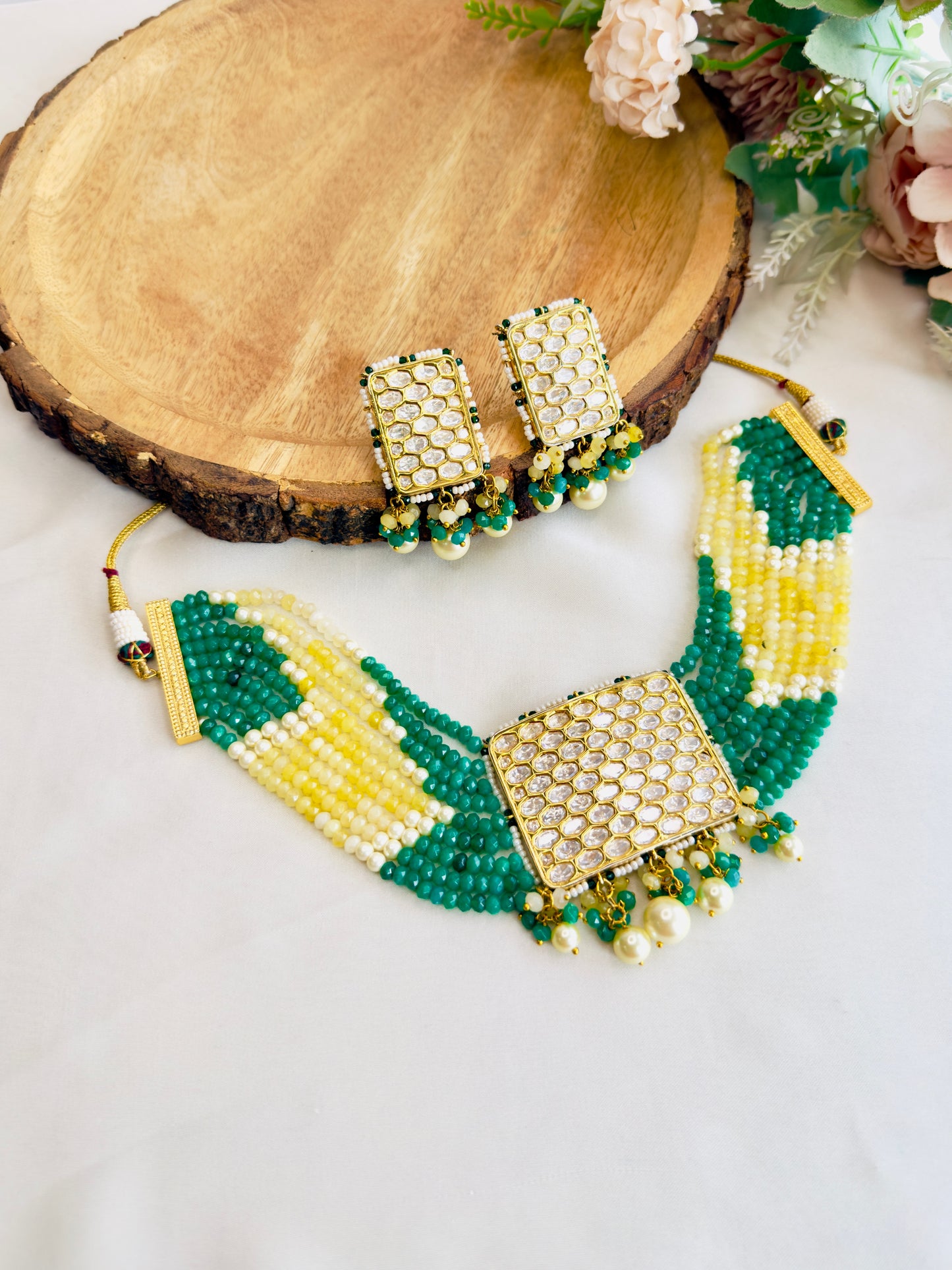 Green, Yellow Kundan Necklace Set
