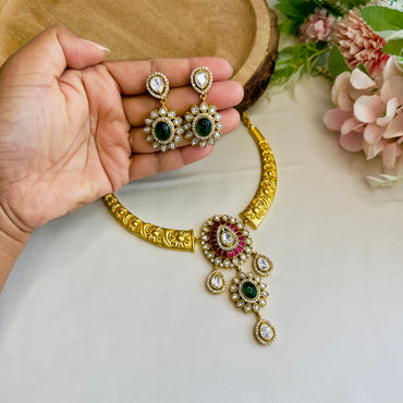 Multicolor Moissanite Jadau Pendant Hasli Set