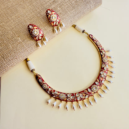 Sunehari Kundan Red Minakari Hasli with Earrings