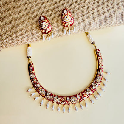 Sunehari Kundan Red Minakari Hasli with Earrings