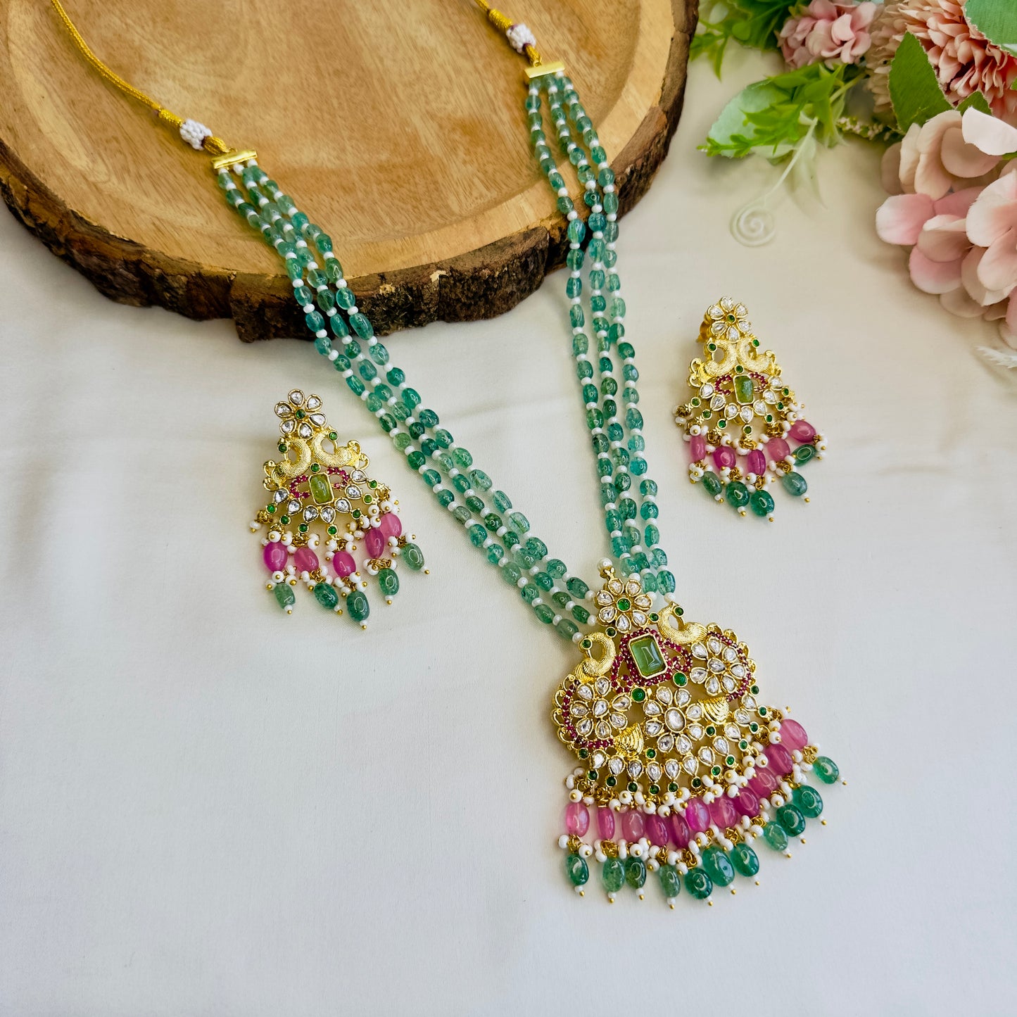 Mint Pink  Peacock Design Pendant Necklace Set