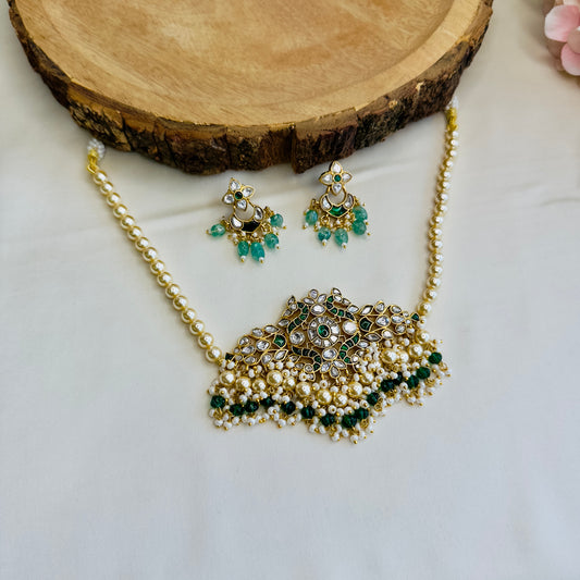 Swarovski  Pearls Jadau Green Pendant Choker Set