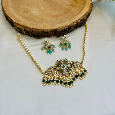 Swarovski  Pearls Jadau Green Pendant Choker Set