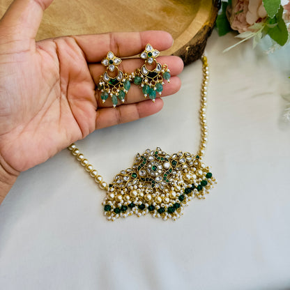 Swarovski  Pearls Jadau Green Pendant Choker Set
