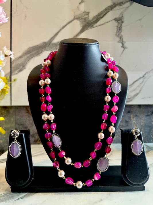 Stridhan Double Layer Semi Precious Pink Agate Stone Necklace Set