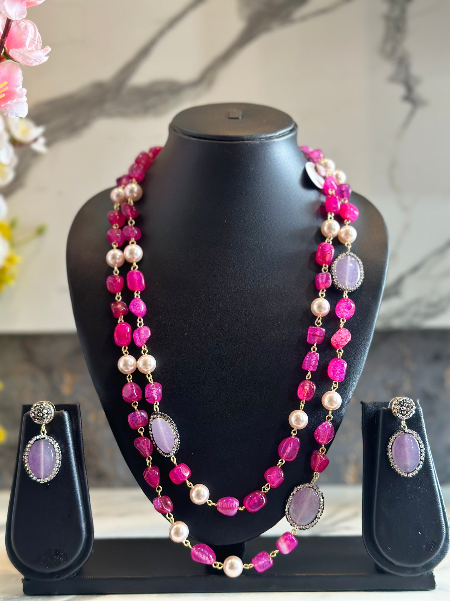 Stridhan Double Layer Semi Precious Pink Agate Stone Necklace Set