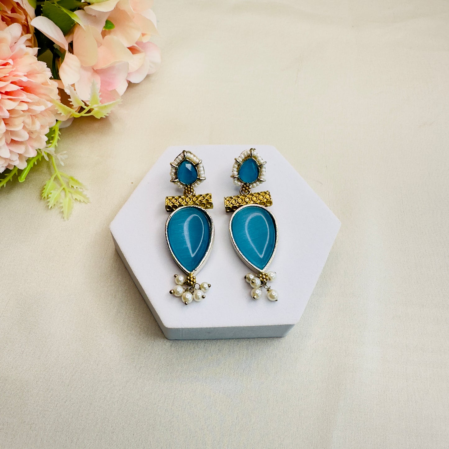 Dual tone real stone earrings