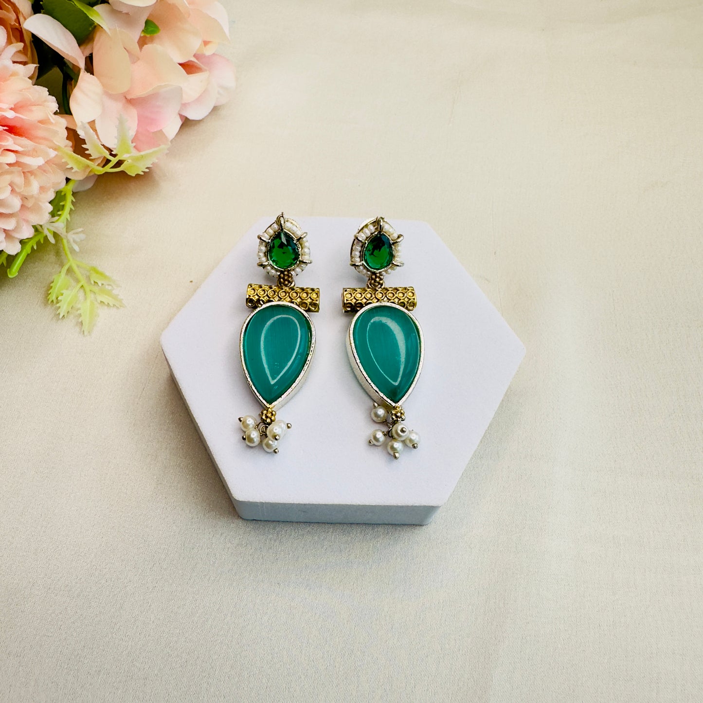 Dual tone real stone earrings