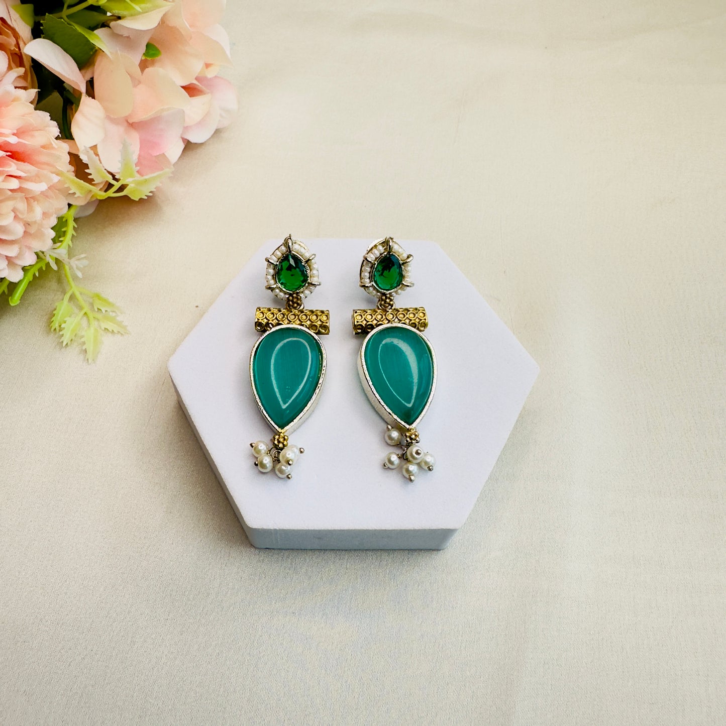 Dual tone real stone earrings