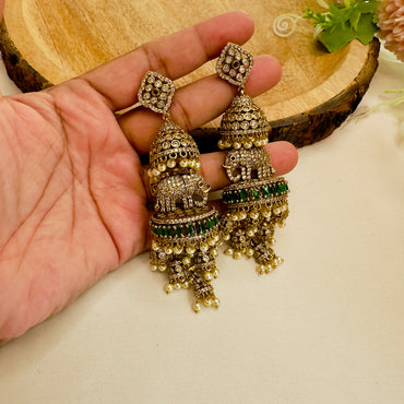 3D Elephant motif AD Atique Polish Long Jhumka Earrings