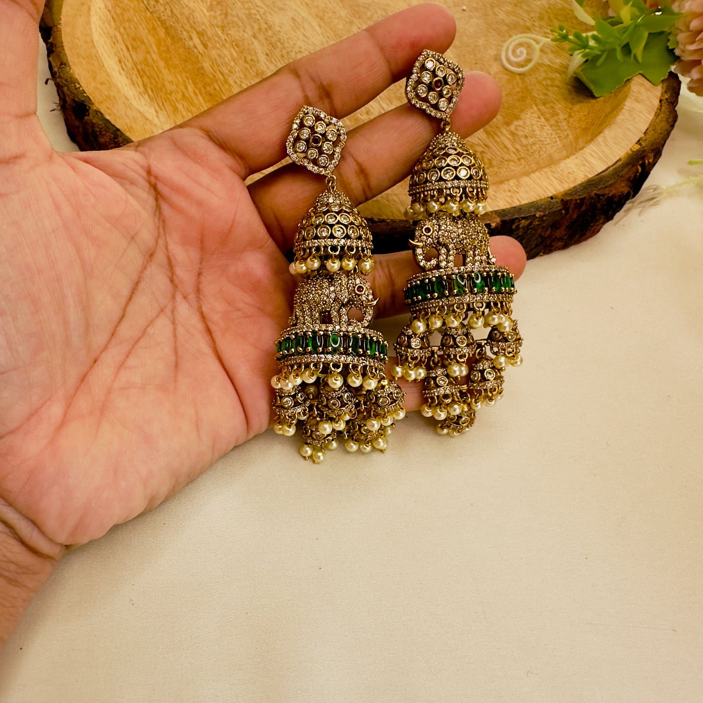 3D Elephant motif AD Atique Polish Long Jhumka Earrings