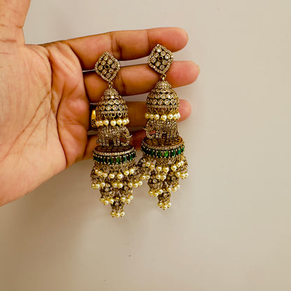 3D Elephant motif AD Atique Polish Long Jhumka Earrings