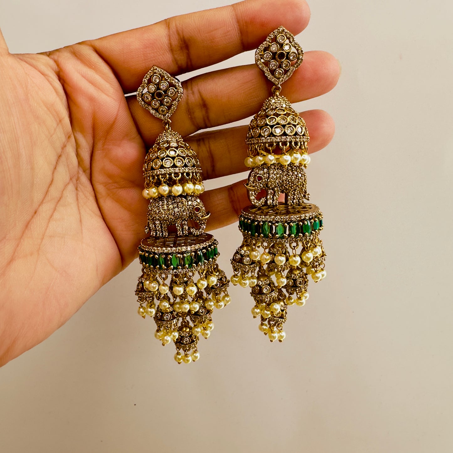 3D Elephant motif AD Atique Polish Long Jhumka Earrings