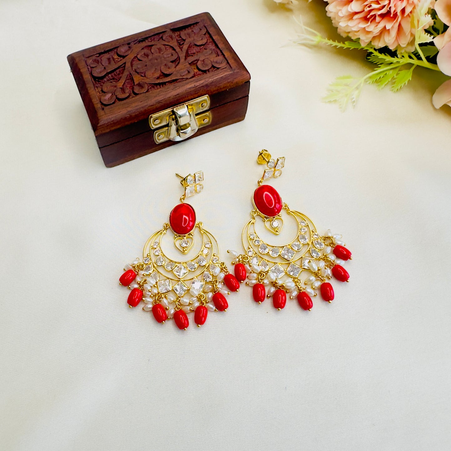 Coral Beads Kundan Earrings